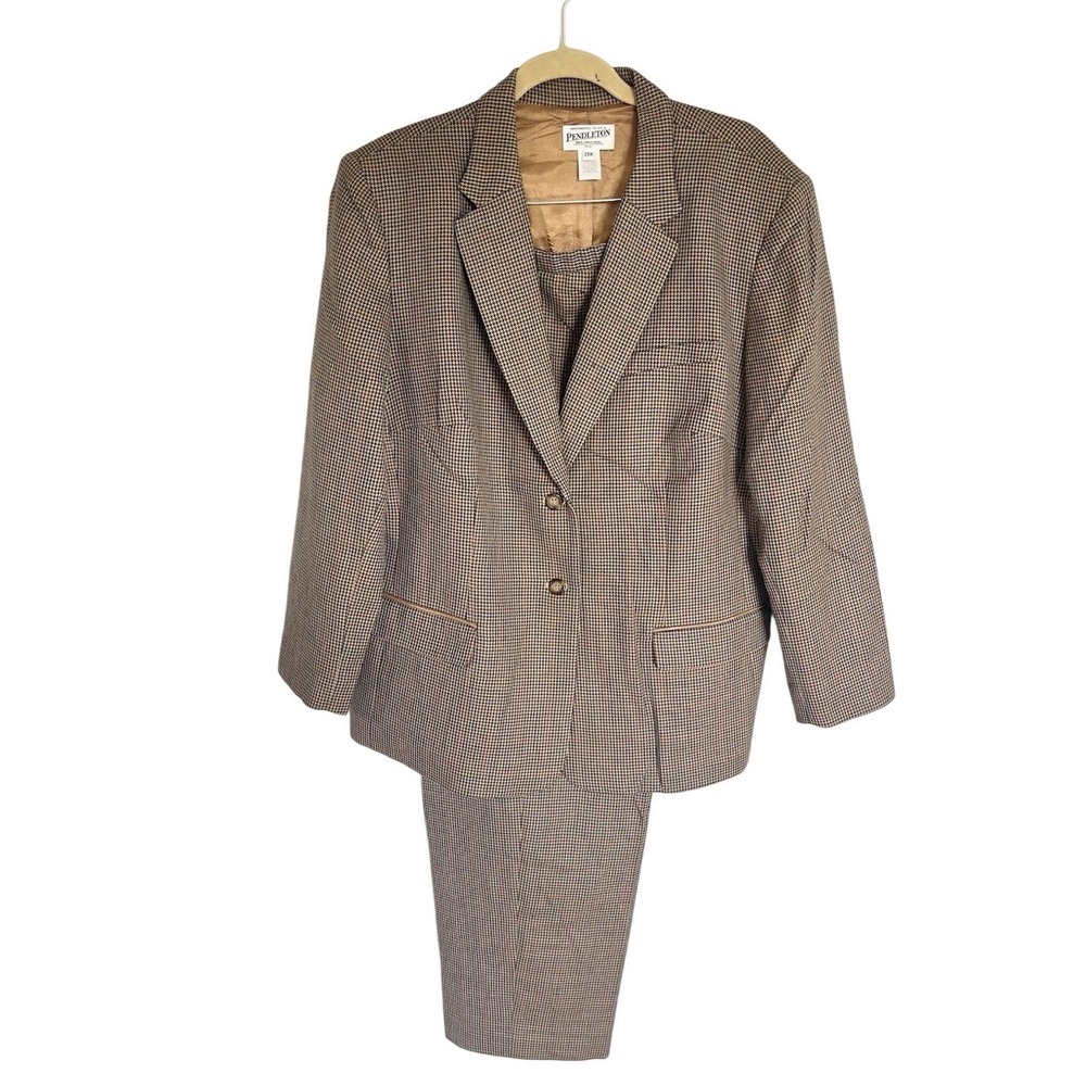 Pendleton Plus Size Pant Suit 20W Brown Houndstooth Wool Blazer Trousers Set VTG